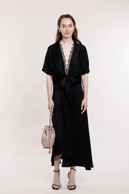 Black viscose dress with lace and small flower