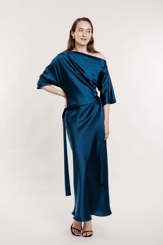 Turquoise dress with asymmetric shoulder