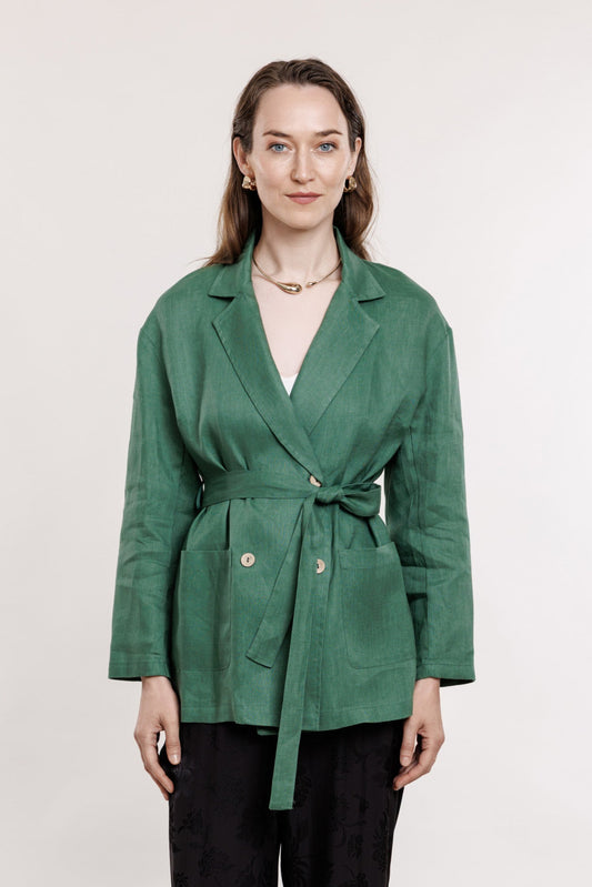Green linen jacket with belt