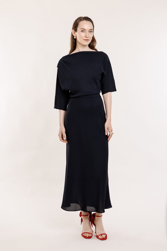 Navy blue crepe dress with asymmetric shoulder