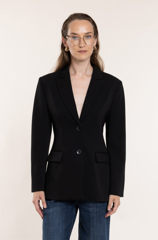 Black jacket with an hourglass silhouette.