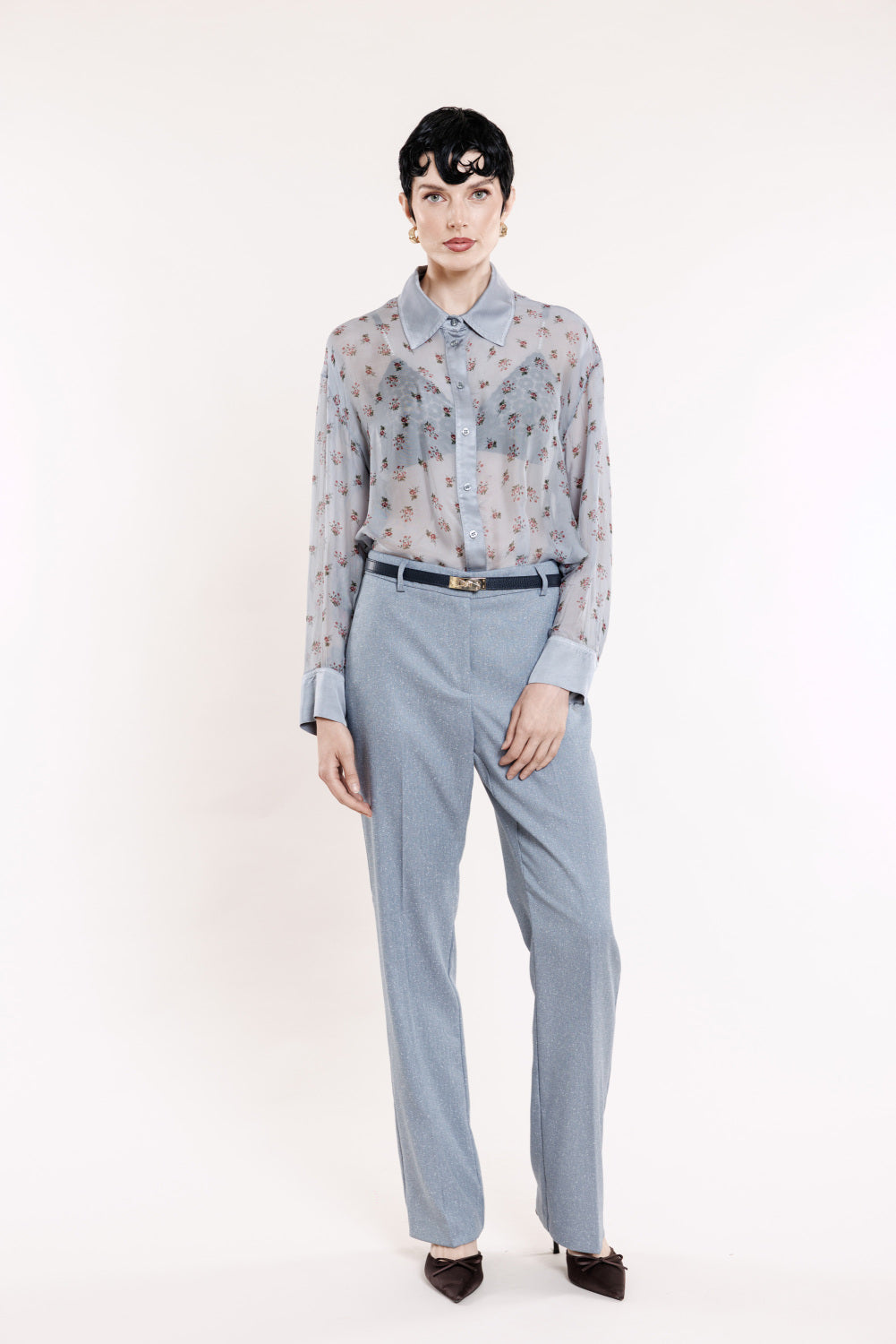 Pale blue blouse with pink flowers