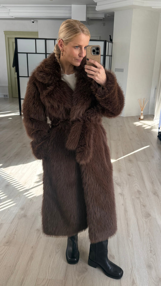 Brown midi-length coat.