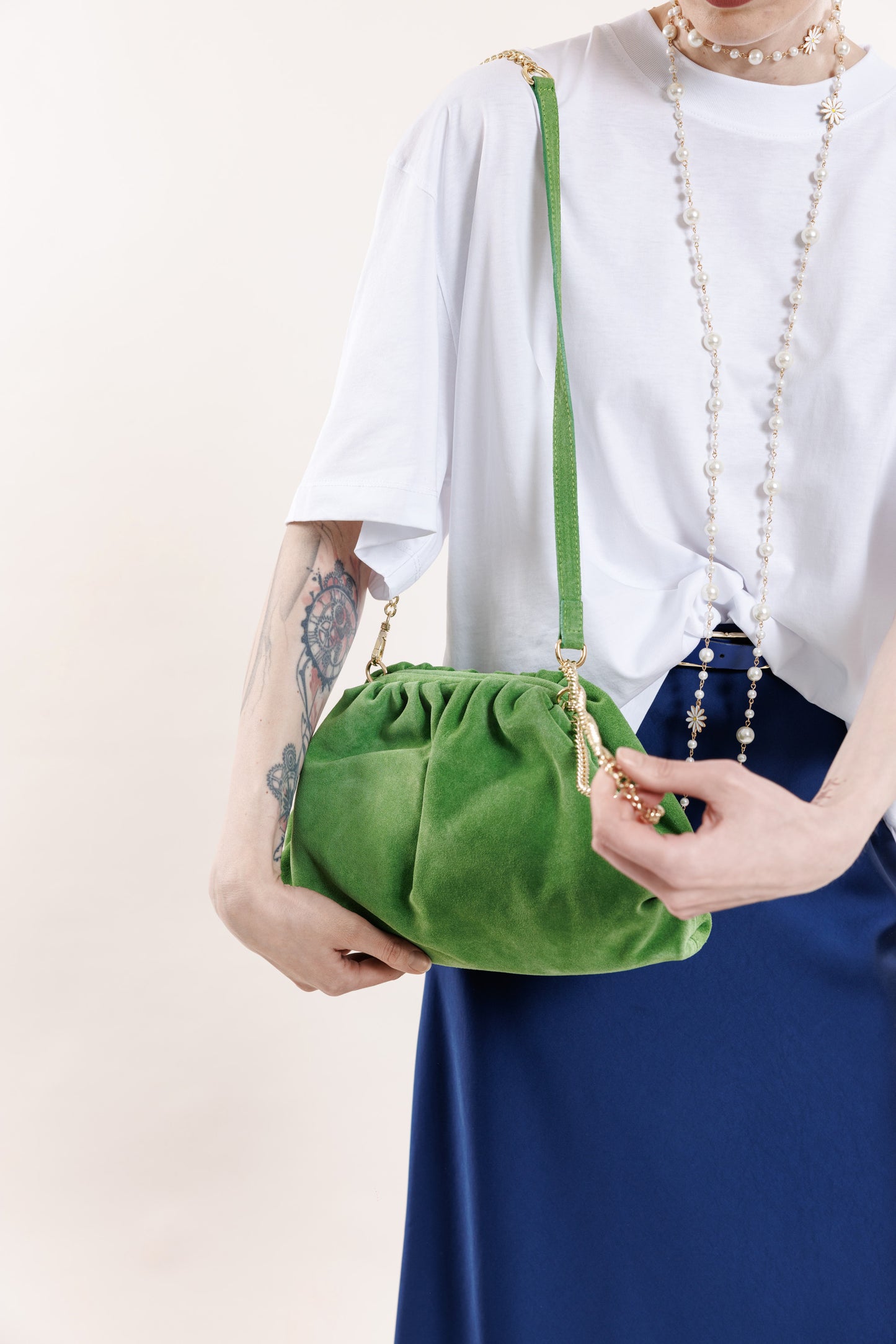 Suede dumpling in a green shade
