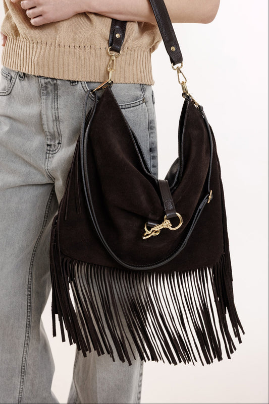 Brūnā zamšādas soma ar bārkstīm